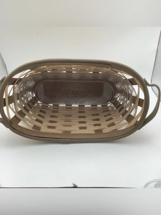 Longaberger Tan and Brown Woven Bicycle Basket with Leather Handles and Liner - Picture 6 of 10